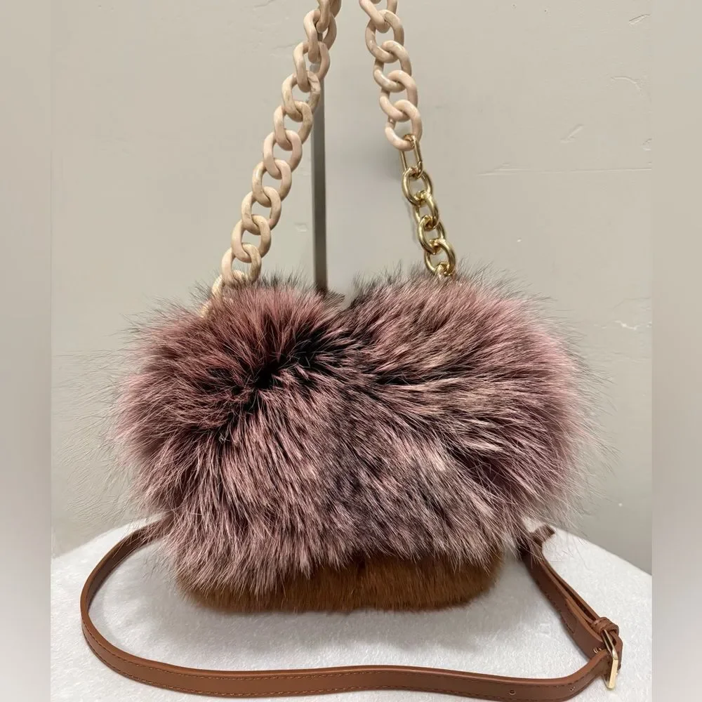Handmade Real Mink Fur with Finn Raccoon Fur Foldover Flap Bag & 2 Strap Styles